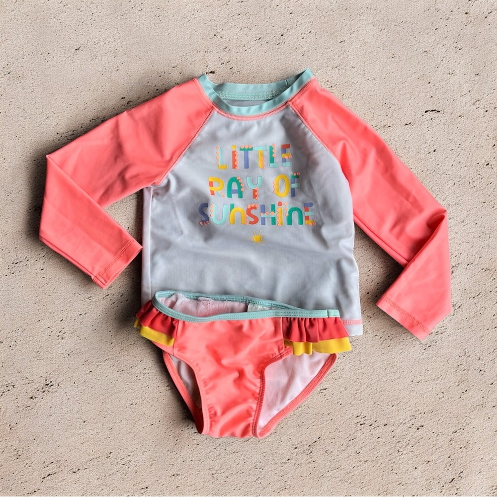 Cat & Jack Coral and Yellow Rashguard Swim Top and bottom set